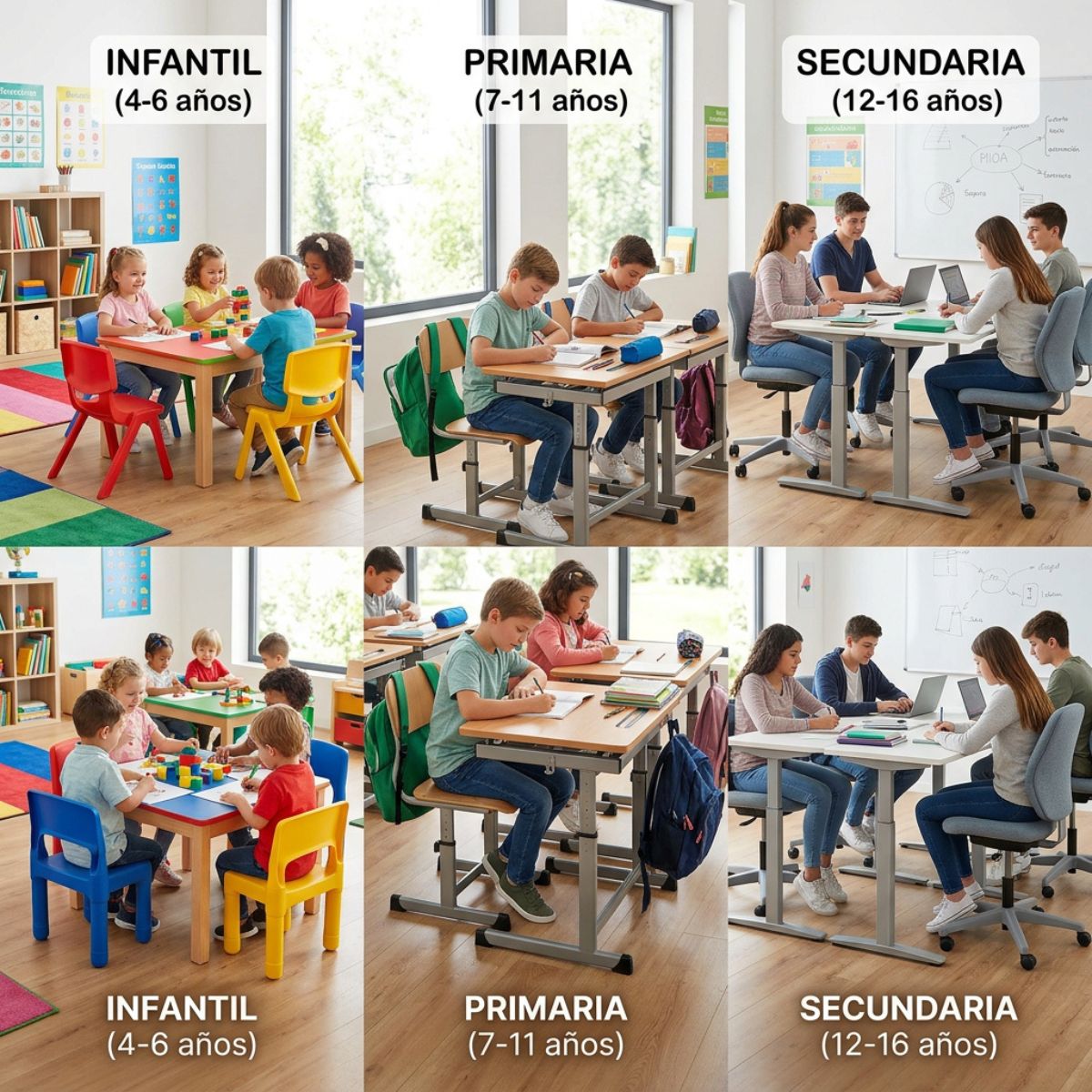 Sillas escolares ergonómicas y mesas adaptadas a la edad del alumnado